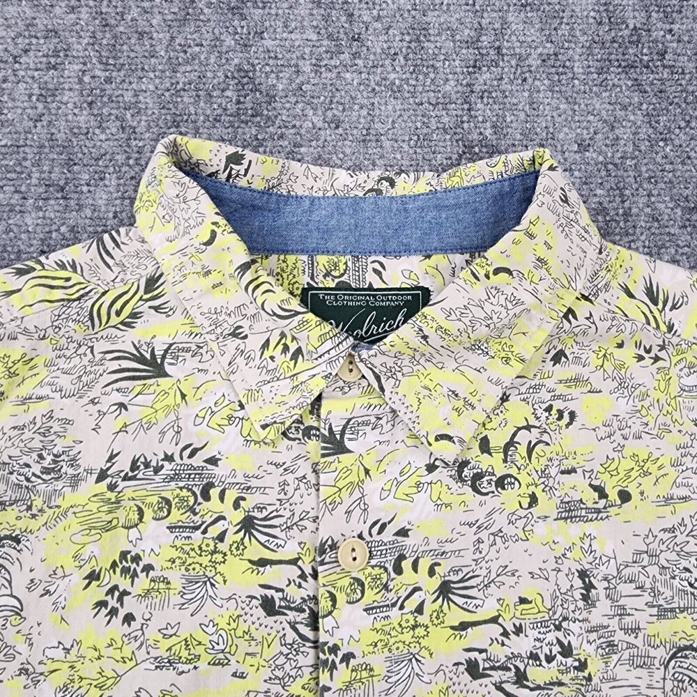 Woolrich Shirt Mens Large Yellow Tropical Print Woven Short Sleeve Button Up